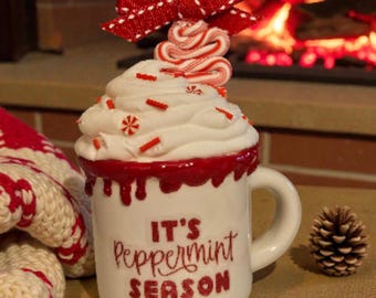 Peppermint Hot Cocoa Mini Mug Decor, Faux Whipped Topping, Winter Theme Tier Tray, Christmas