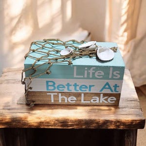 Nautical Stacked Book Sign: Lake House Tiered Tray Decor with Seashells