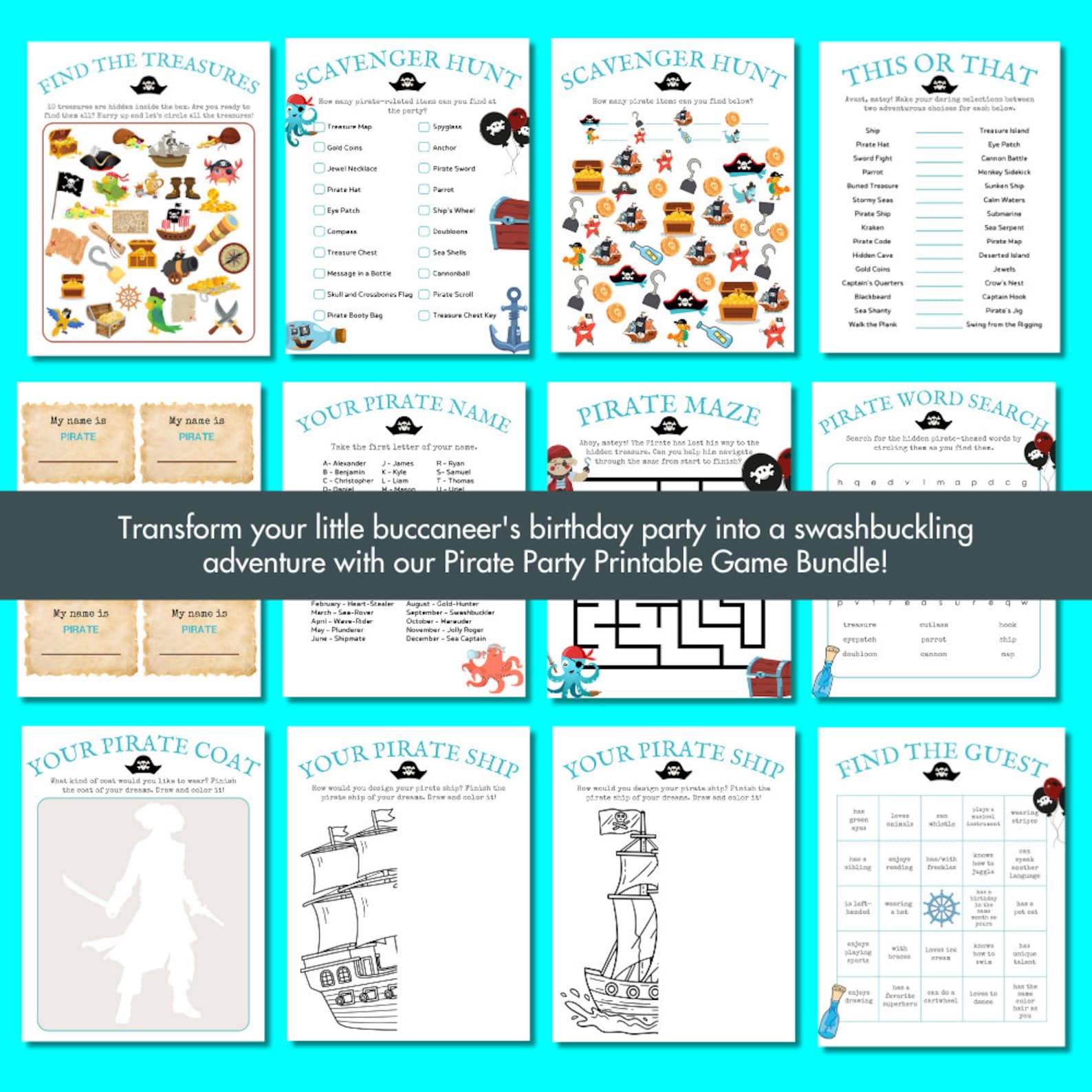 Pirate Birthday Party Games Printable / Aqua / 13 Pages / PDF / Pirate ...