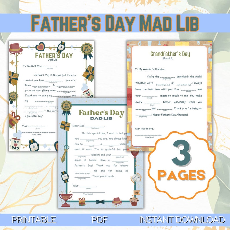 Kids Printable Activities for Fathers Day / 18 Pdf Pages / Mad Libs ...