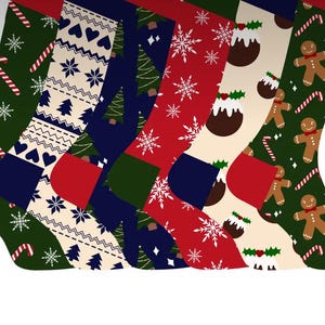May include: A set of five Christmas stockings featuring various holiday patterns including candy canes, snowflakes, pine trees, Christmas puddings, and gingerbread men in colors of red, green, navy blue, and cream with contrasting heels and toes.