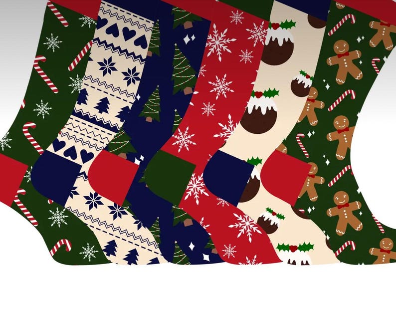 May include: A set of five Christmas stockings featuring various holiday patterns including candy canes, snowflakes, pine trees, Christmas puddings, and gingerbread men in colors of red, green, navy blue, and cream with contrasting heels and toes.