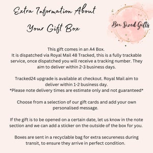 May include: An informational graphic with a light pink background featuring the text Extra Information About Your Gift Box and the logo Box Sized Gifts. The text details A4 box sizing, gift card options, personalized message availability, and recyclable packaging for transit.