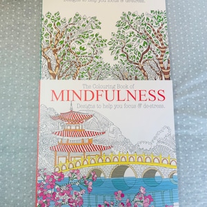 May include: Two square coloring books titled The Colouring Book of MINDFULNESS. The top cover features green trees with intricate patterns. The bottom cover displays a pagoda, a stone bridge, and pink cherry blossoms with the Squiggle logo.