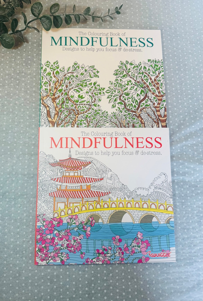 May include: Two square coloring books titled The Colouring Book of MINDFULNESS. The top cover features green trees with intricate patterns. The bottom cover displays a pagoda, a stone bridge, and pink cherry blossoms with the Squiggle logo.