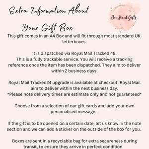 May include: A light pink informational graphic with black text titled Extra Information About Your Gift Box. The graphic features a circular logo with the text Box Sized Gifts and details regarding A4 box dimensions and gift card options.