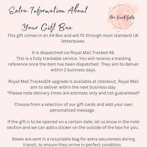 May include: A light pink informational graphic with black text titled Extra Information About Your Gift Box. The graphic features a circular logo with the text Box Sized Gifts and details regarding A4 box dimensions and gift card options.