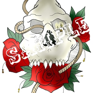 May include: A white skull with a snake wrapped around it, with three red roses and green leaves. The skull has a candle in one eye socket.