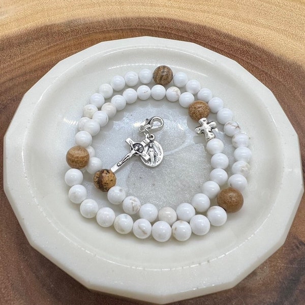 Rosary Stretch Wrap Bracelet - DOUBLE WRAP - White Turquoise and Picture Jasper -
