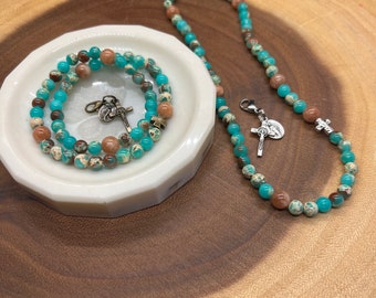 Rosary Stretch Wrap Bracelet DOUBLE WRAP - Mint blue green Sea Sediment Imperial Jasper and Sunstone - Miraculous Medal