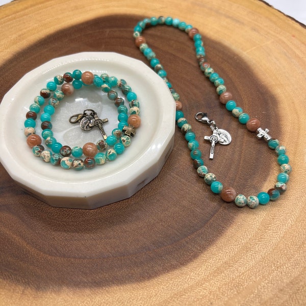 Rosary Stretch Wrap Bracelet DOUBLE WRAP - Mint blue green Sea Sediment Imperial Jasper and Sunstone - Miraculous Medal