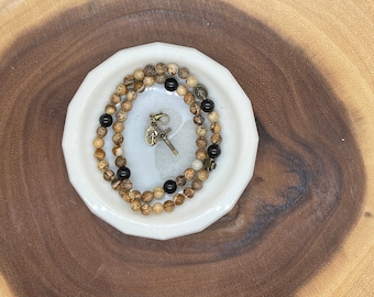 Rosary Stretch Wrap Bracelet DOUBLE WRAP - Picture Jasper and Ebony Wood- Virgin Mary Miraculous Medal - crucifix place keeper