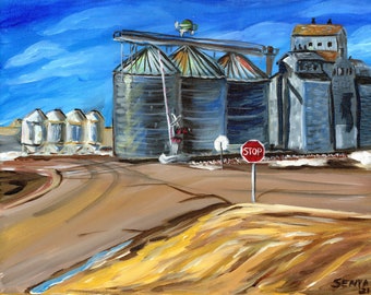 Grain Elevator Painting | Giclee Fine Art Print | Farming Decor | Midwest Painting |