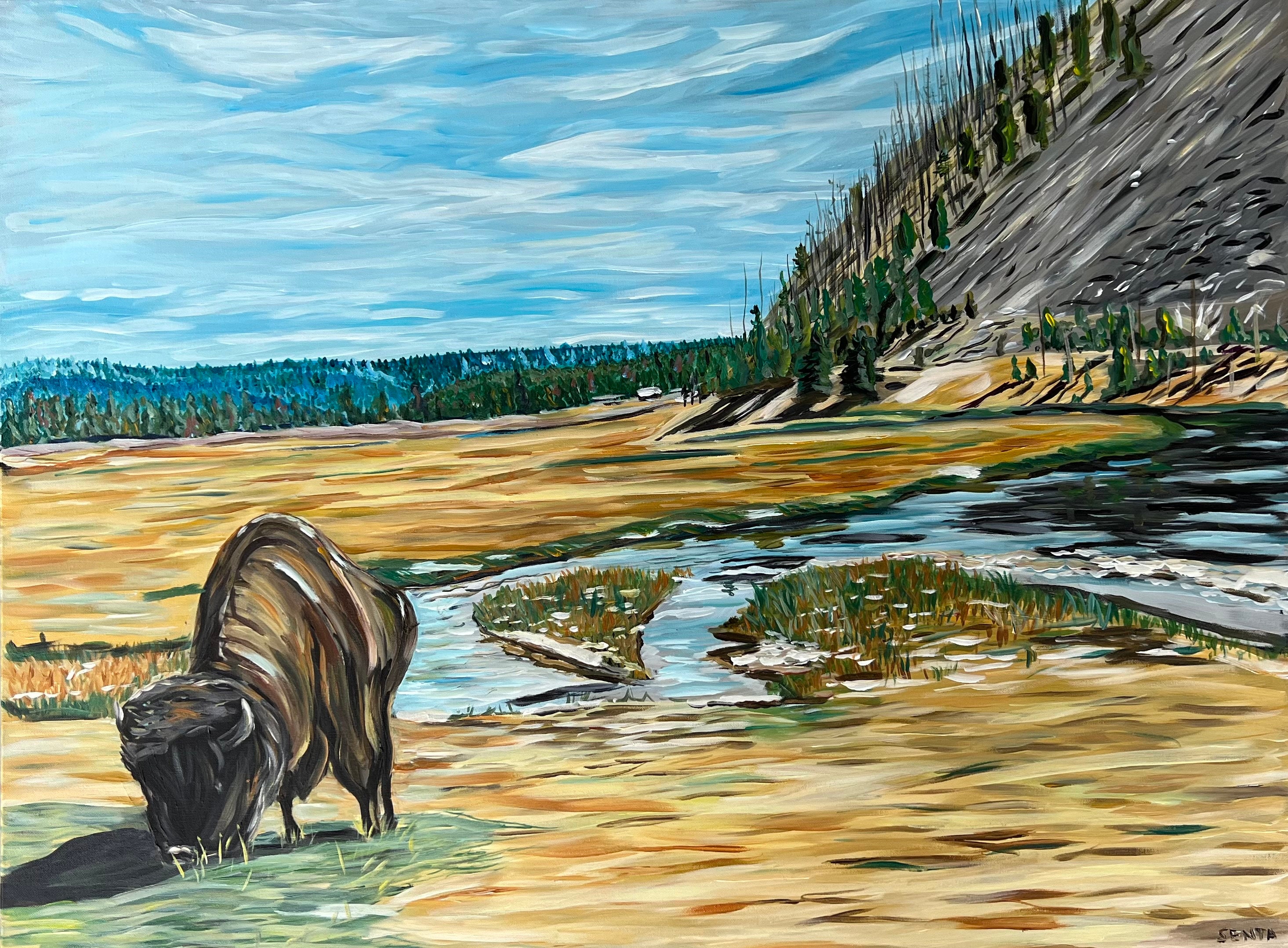 Pintura de paisaje de un bisonte / pintura de búfalo grande de 30x40 / pintura pionera impresionista