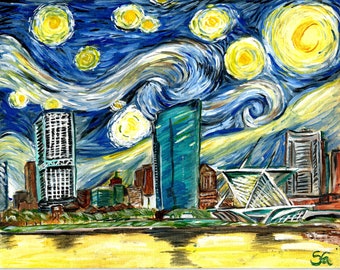 Milwaukee Skyline Canvas Print | Van Gogh Style Giclee Art (18x24)