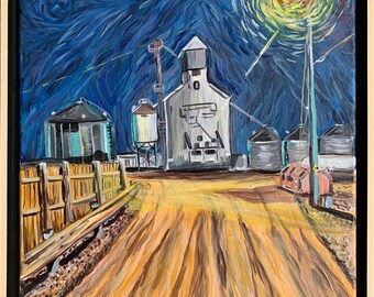 Arte paisajístico de Dakota del Norte / Acrílico original enmarcado sobre lienzo Elevador de granos / 16x20 Pintura impresionista de Dakota del Norte