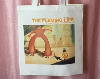 The Flaming Lips - Yoshimi Battles the Pink Robots - Handmade Linen Tote Bag - Canvas shopping bag 100% recycled eco friendly indie music