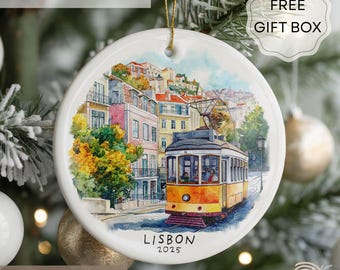 Personalized Lisbon Portugal Christmas Ornament 2025, Custom Watercolor Yellow Tram Decoration, Travel Gift, Europe Holiday Keepsake