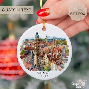 Personalized Munich Christmas Ornament, Watercolor Germany Cityscape Ceramic Keepsake