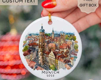 Personalized Munich Christmas Ornament, Watercolor Germany Cityscape Ceramic Keepsake