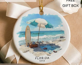 Personalized Florida Christmas Ornament, Beach Scene Ceramic Ornament, Florida Vacation Keepsake