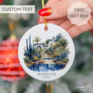 Personalized Morocco Christmas Ceramic Ornament, Watercolor Moroccan Architecture, Travel Keepsake Gift, Ceramic Holiday Ornament