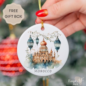 Morocco Christmas Ceramic Ornament, Watercolor Moroccan Architecture, Travel Keepsake Gift, Ceramic Holiday Ornament