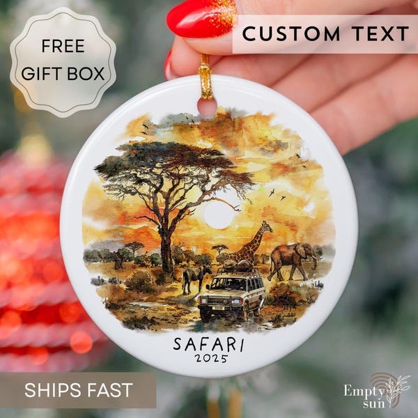 Personalized Safari Christmas Ceramic Ornament, Africa Ornament, Travel Christmas Ornament