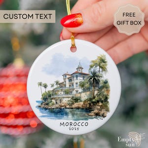 Personalized Morocco Christmas Ceramic Ornament, Watercolor Moroccan Architecture, Travel Keepsake Gift, Ceramic Holiday Ornament