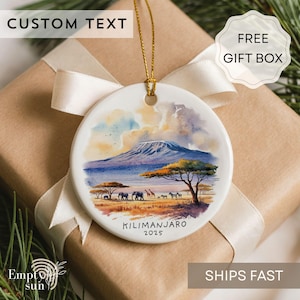 Personalized Kilimanjaro Safari Ornament, Tanzania African Landscape Watercolor Christmas Keepsake