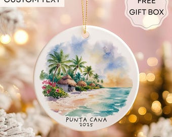 Personalized Punta Cana Ornament, Tropical Beach Watercolor Christmas Gift, Custom Caribbean Travel Keepsake, Vacation Memory Ornament