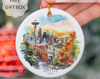 Personalized Seattle Christmas Ornament, Space Needle Ceramic Ornament, Seattle Skyline Gift, Washington Souvenir with Gift Box