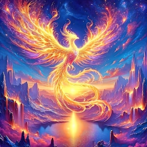 May include: A vibrant digital painting depicts a phoenix rising from a fiery landscape. The bird is rendered in shades of gold, orange, and red, with outstretched wings against a backdrop of a starry sky and mountain peaks. The artwork evokes themes of rebirth and transformation.