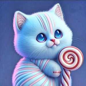 Adorable Cute Kawaii Cartoon Cat with Lollipop - Nursery Art - Children Bedroom Art - Digital Download - Playroom Art - 3D High Resolution