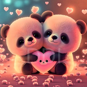 Adorable lindo rosa kawaii dibujos animados pandas sosteniendo un corazón de amor - arte de la sala de juegos - descarga digital - arte de la guardería - arte del dormitorio de los niños - arte 3D