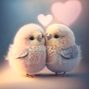 Lindos pájaros de dibujos animados Kawaii abrazándose - Decoración de la guardería - Dormitorio de los niños - Descarga digital - Alta resolución 3D - Arte de la sala de juegos - Arte de la sala de juegos