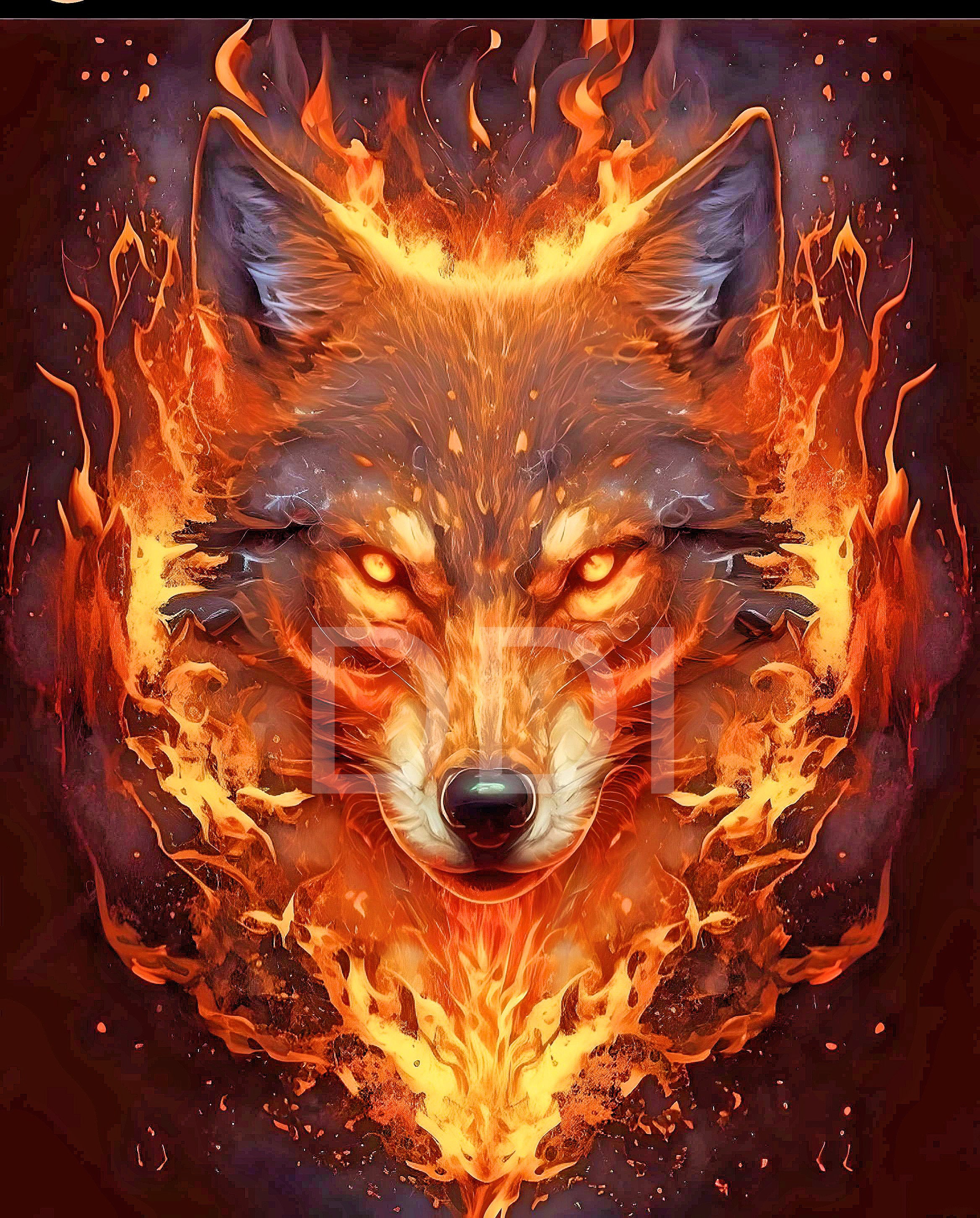Fantasy Fire Wolf Portrait: Mystical 3D Art (Digital Download), image size:2336x2904