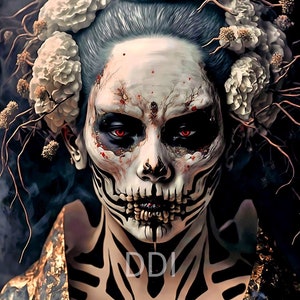 Japanese Skull Girl Print 3D High Resolution Image - Pagan Art - Magical Mystical Art - Digital Download - Candy Skull - Gothic Art - Horror