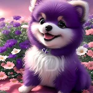 Cute Adorable Kawaii Cartoon Purple Puppy Dog Image - Nursery Art - Kids Bedroom Art - Digital Download - 3D High Resolution Art - Playroom