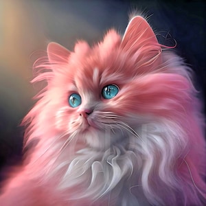 Pretty in Pink; Cute Cartoon Portrait Fluffy Pink Kitten - Nursery Art - Kids Bedroom Art - Digital download - High Resolution - Play Room