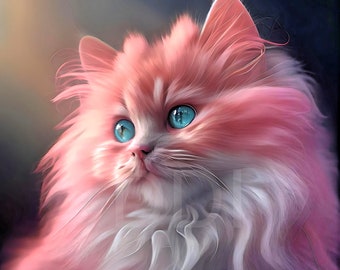 Pretty in Pink; Cute Cartoon Portrait Fluffy Pink Kitten - Nursery Art - Kids Bedroom Art - Digital download - High Resolution - Play Room
