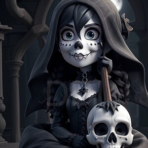 Young Girl Cartoon Steampunk Skull -  Fantasy Image - 3D High Resolution - Digital Download - Kids Art - Playroom Art - Cartoon Art - Skull