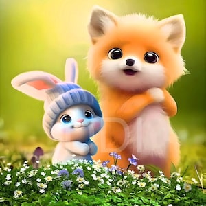 Adorable Cute Cartoon Bunny Rabbit & Fox - Digital Download - Nursery Art - Kids Bedroom Art - Playroom Art - Baby Shower Gift - 3D Kawaii