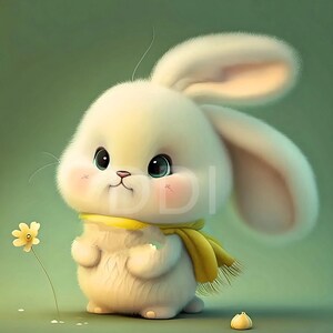 Cute Kawaii Cartoon Bunny Rabbit Yellow Scarf - Nursery Decor - Children Bedroom - Digital Download - 3D High Resolution Art - Playroom Art