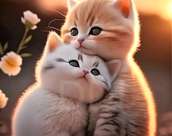 Arte de gatitos abrazados de dibujos animados kawaii: Decoración para habitación infantil (Descarga digital)