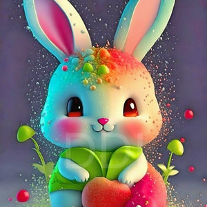 Simpatico adorabile cartone animato arcobaleno coniglietto - Download digitale - Arte della scuola materna - Arte della camera da letto per bambini - Arte della sala giochi - Regalo per la doccia per bambini - 3D Kawaii