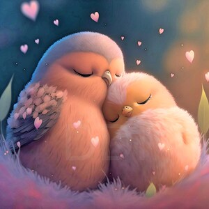 Encantador pájaro Kawaii lindo dibujos animados pájaros abrazándose - Decoración de la guardería - Dormitorio de los niños - Descarga digital - Alta resolución - Arte de la sala de juegos