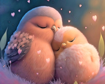 Cute Cartoon Birds Hugging Print – Kawaii Nursery Decor (Digital Download)