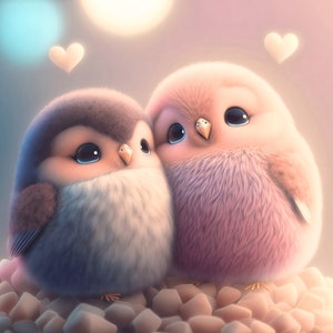 Encantador pájaro Kawaii lindos pájaros de dibujos animados abrazándose - Decoración de la guardería - Dormitorio de los niños - Descarga digital - Alta resolución 3D - Arte de la sala de juegos