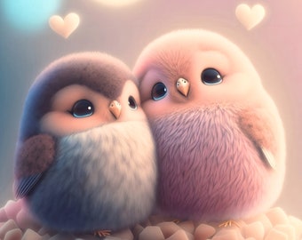 Charming Bird Kawaii Cute Cartoon Birds Hugging - Nursery decor - Children’s Bedroom - Digital Download - 3D High Resolution - Playroom Art